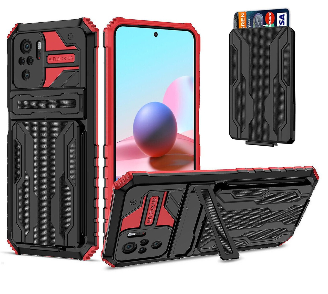 Протиударний чохол для Xiaomi Redmi Note 10 / 10S чорно червоний з підставкою і слотом для карт, фото 1