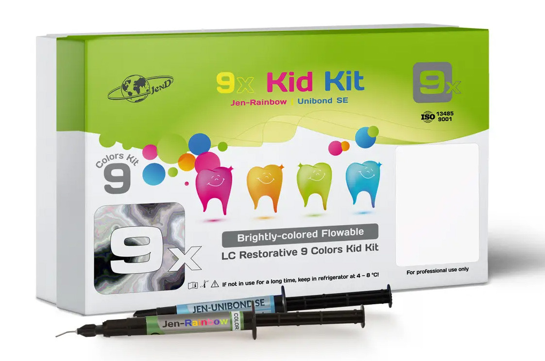 Jen-Rainbow, Набір Kid Kit: 9 х шпр. 1мл+аксесс., кольоровий композит текучий, Jendental, (Джен-Рейнбоу)