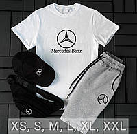Мужской комплект Mercedes-Benz футболка шорты серый-белый, Мужские летние костюмы хлопковый легкий (хлопок)