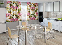 Фото Шторы для кухни "Роза и золотые виньетки" 1,5м*2,5м (2 полотна по 1,25м), тесьма