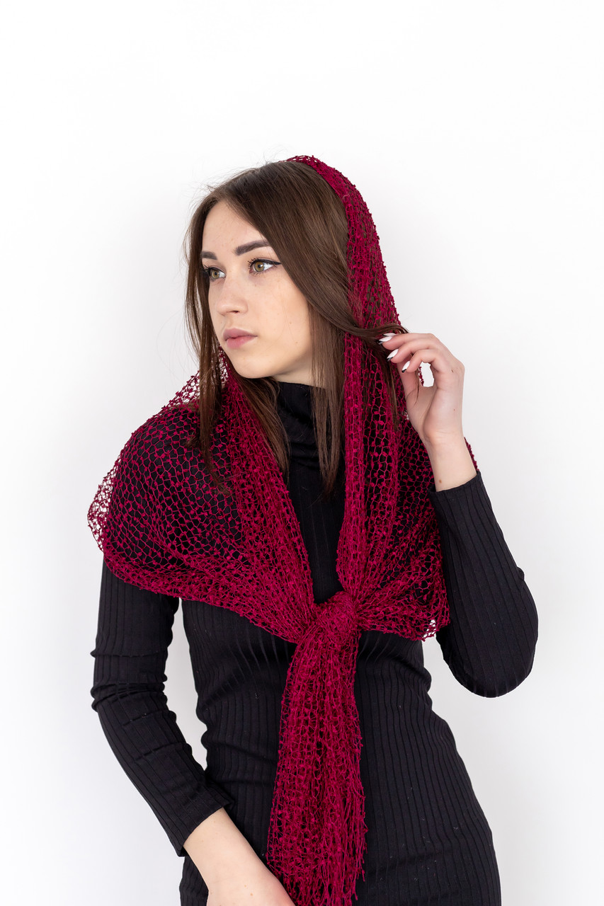 Шикарний жіночий шарф із бахромою в сітку легкий прозорий Бордовий