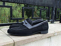 Весняні туфлі чоловічі лофери замшеві чорні IKOC. Шкіряні туфлі весна осінь Ікос ІКОС у чорному кольорі