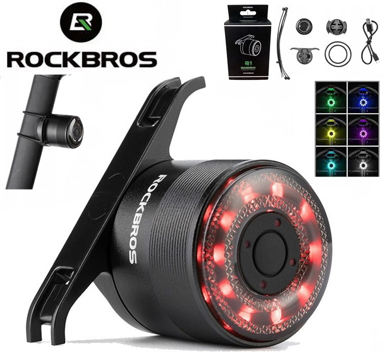Задній велосипедний ліхтар ROCKBROS Q1 Samurai Multicolor, LED індикація заряду, Два кріплення