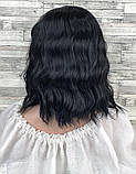 Перука чорна хвиляста з проділом подовжене каре 40см, фото 3