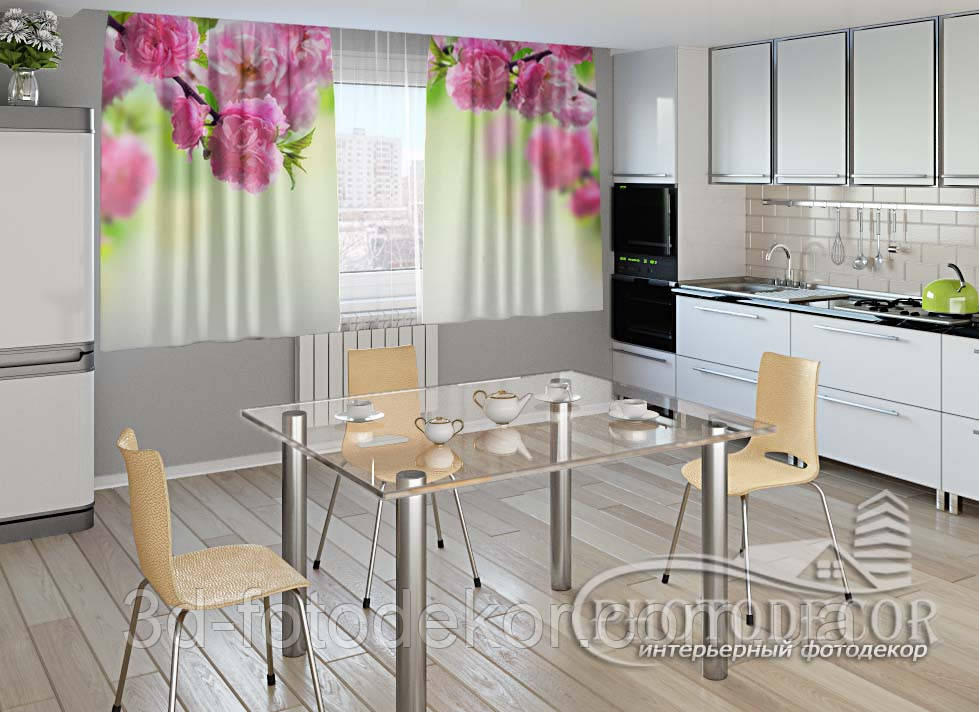 Фото Штори для кухні "Гілка сакури" 2,0м*2,9м (2 полотна по 1,45м), тасьма