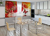 Фото Шторы для кухни "Пионы и бабочки" 2,0м*2,9м (2 полотна по 1,45м), тесьма