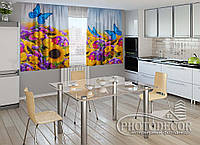 Фото Шторы для кухни "Весенние цветы и бабочки" 1,5м*2,5м (2 полотна по 1,25м), тесьма