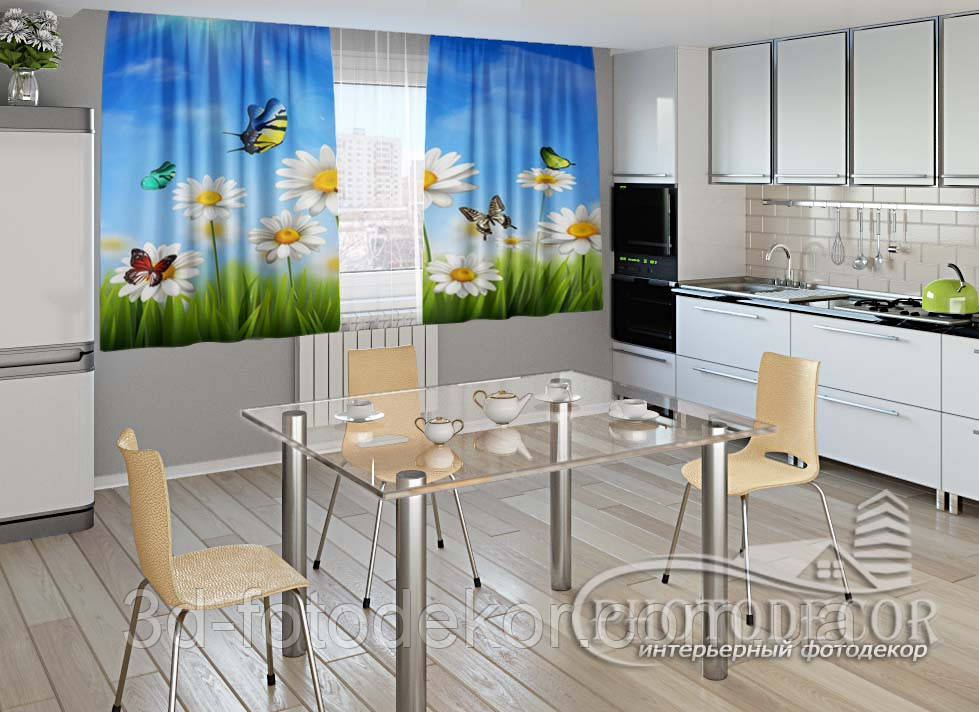 Фото Штори для кухні "Ромашки та метелики" 2,0м*2,9м (2 полотна по 1,45м), тасьма