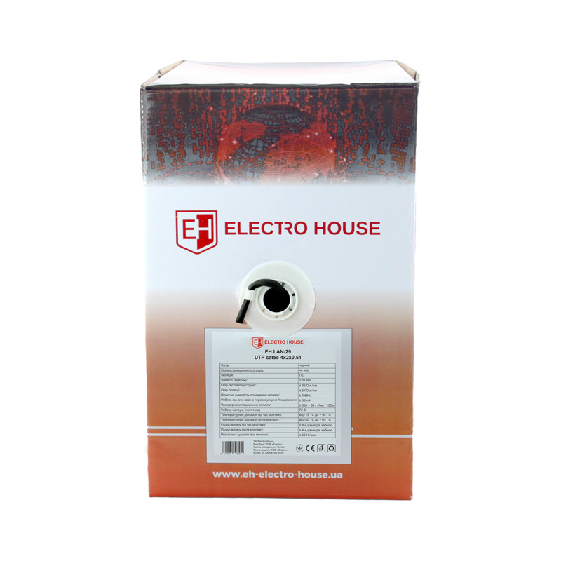 Кабель провід вита пара ElectroHouse Кабель UTP 4х2х0,51 Cu (зовнішній монтаж) ПЕ чорний