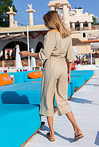 Літній брючний жіночий костюм тканина льон штани кюлоти та топ розміри норма, фото 3