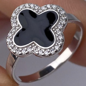 Срібне кільце родоване з фіанітами й емаллю РН-445, фото 1