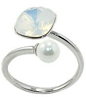 Кольцо Xuping Родий с кр-ми Swarovski "Кристалл White Opal с жемчужиной, ø 10мм и 6мм" р.18-19