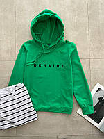 Женское базовое худи с капюшоном ЗЕЛЁНОЕ XS S M L(42 44 46 48)трикотажная кофта спортивная с принтом "UKRAINE"