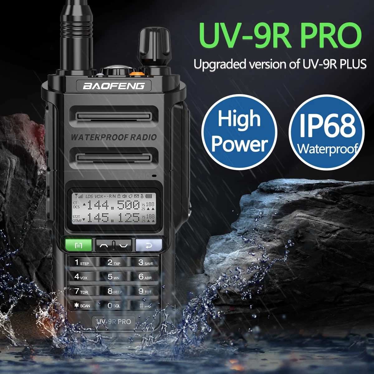 Рація Baofeng UV-9R Pro 12W вологозахищена IP 68. До 16 км. Чорний