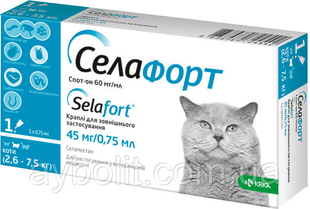 Капли на холку KRKA Селафорт от внешних и внутренних паразитов для котов весом 2.6-7.5 кг №1