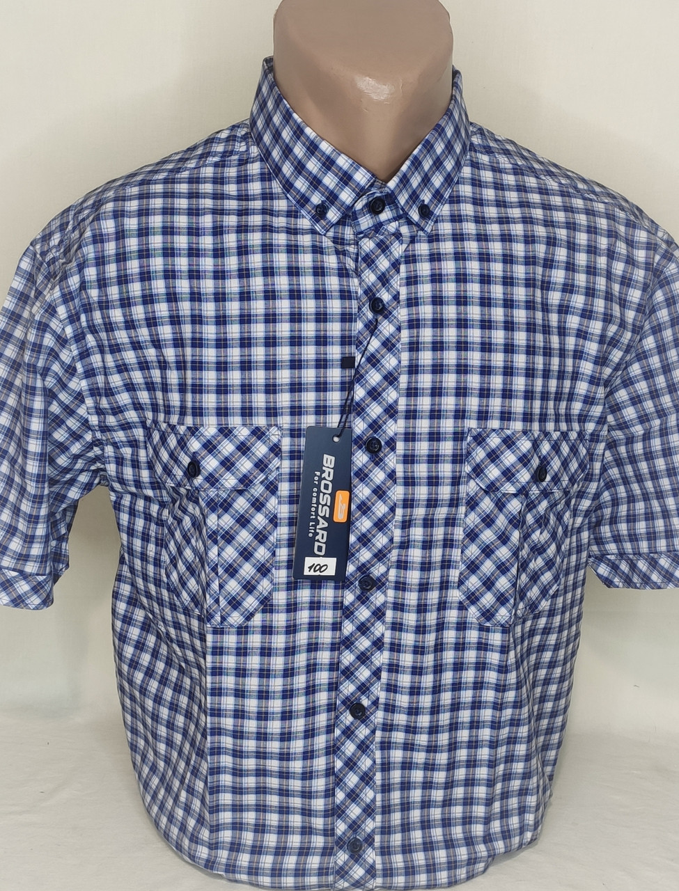 Чоловіча сорочка з коротким рукавом Brossard vk-0100 блакитна в клітку класична бавовна, теніска чоловіча