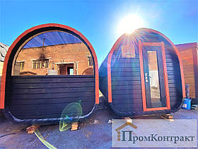 Будівництво бані бочки овальної 4х2,3 м із термобруса із санвузлом Fassauna Thermowood Production