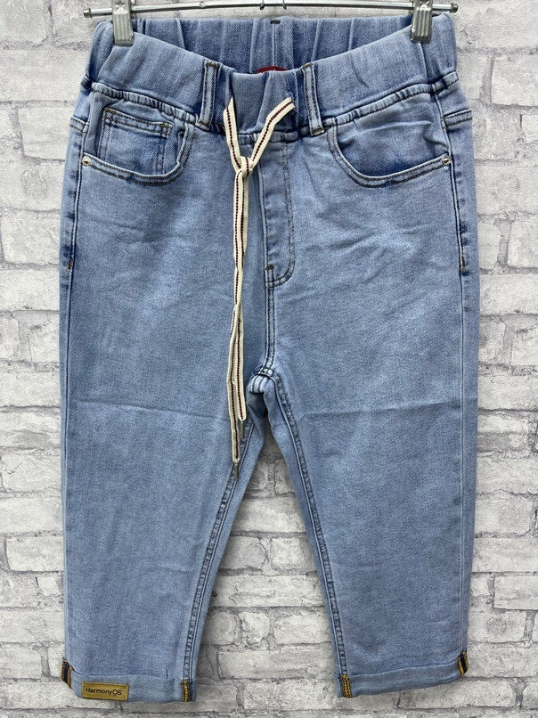 Жіночі блакитні джинсові бриджі на гумці в поясі напівбатал, фото 1