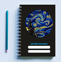 Скетчбук (Sketchbook) блокнот для рисования с синим принтом (черный фон)