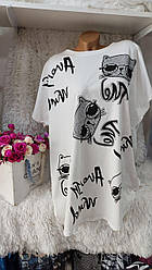 Жіноча футболка з принтом кіт коти аплікація Батал розмір XL 2XL 3XL літня різні кольори ціна гуртом