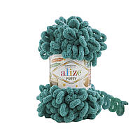 Пряжа Alize Puffy 847 Изумруд (Пуффи Ализе) с петлями петельками плюшевая для вязания без спиц руками