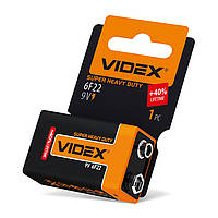 Батарейка сольова  Videx, 6F22, 9V, Крона, SHRINK CARD 1шт