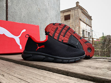 Чоловічі літні кросівки мокасини дихаючі Puma Black Red чорні з червоним, фото 1