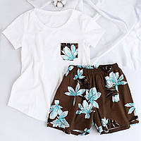 Комплект шорты и футболка женские с короткими рукавами, красивая пижамка летняя с шортами 100% хб, Ладан 50