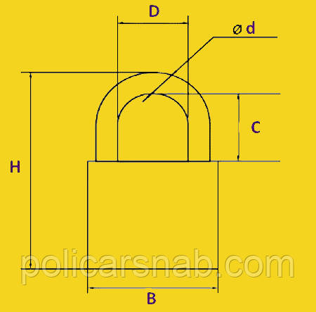 Основні параметри навісного замка: висота замка (Н) – 106мм; ширина замка (В) – 75мм; виліт дужки (С) – 42мм; діаметр стрижня дужки (d) – 9мм;