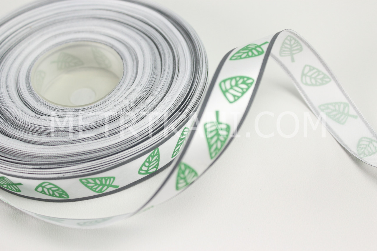 Стрічка атласна "Листя монстери" на білому тлі, ширина 15 мм, фото 1