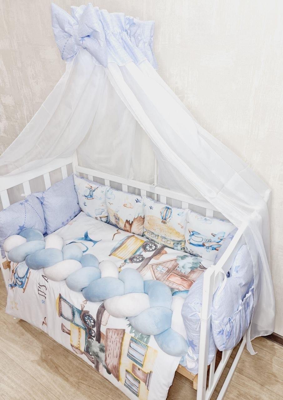 Комплект постільної білизни в дитяче ліжечко для новонароджених Паровозики блакитний