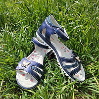 Босоніжки темно-сині з камінчиками у вигляді метелика, на 2 липучках