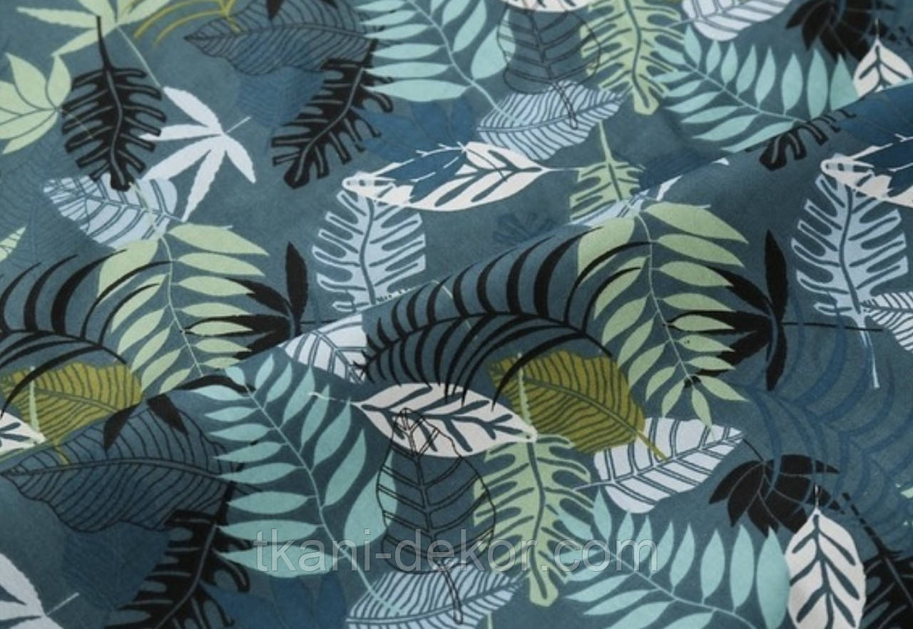 Сатин (бавовняна тканина) Листя папороті на зеленому, фото 1