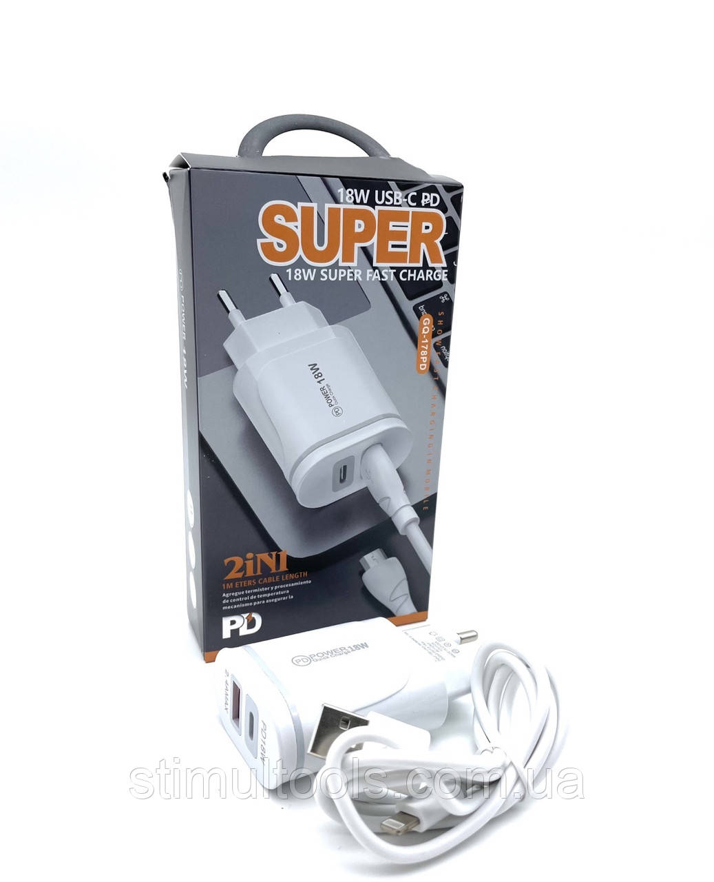 Мережевий зарядний пристрій. МЗП адаптер 220 V + iPhone PD 1 USB 18 W GQ-178PD, фото 1