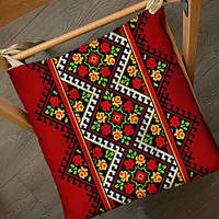 Подушка на стілець, табуретку, садові крісла із зав'язками з принтом «Український орнамент червоний» 40х40х4 см (PZ_22U003)