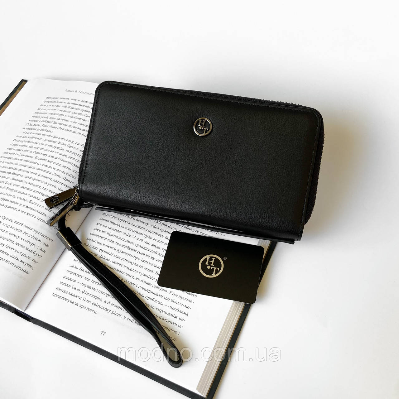 Чоловічий шкіряний розкладний гаманець клатч портмоне на дві блискавки з ручкою H.T. Leather чорний