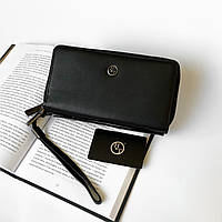 Мужской кожаный раскладной кошелек клатч портмоне на две молнии с ручкой H.T. Leather черный