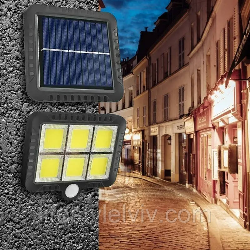 Настінний ліхтар із виносною сонячною батареєю IP65 120 COB / Вуличний ліхтар із датчиком руху, фото 1