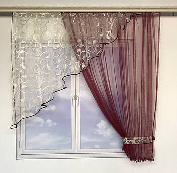 Модні фіранки для кухні дитячої, коротка кухонна фіранка, коротка тюль в спальню Бордова (KU-130-15)