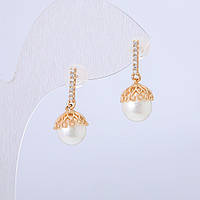 Сережки Xuping Позолота 18К з білими стразами і намистиною L-22мм + - купити біжутерію дешево оптом в інтернеті