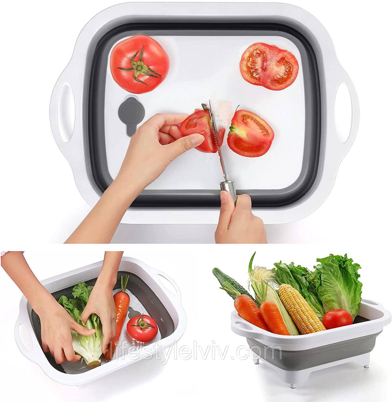 Складна дошка обробна Chopping Board 3 в 1 / Обробна дошка трансформер / Дошка кухонна Біло-сіра, фото 1