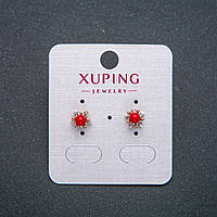 Сережки пусети кульчики Xuping Позолота 18К з червоною намистиною з білими стразами d-8мм + - купити біжутерію оптом в інтернеті