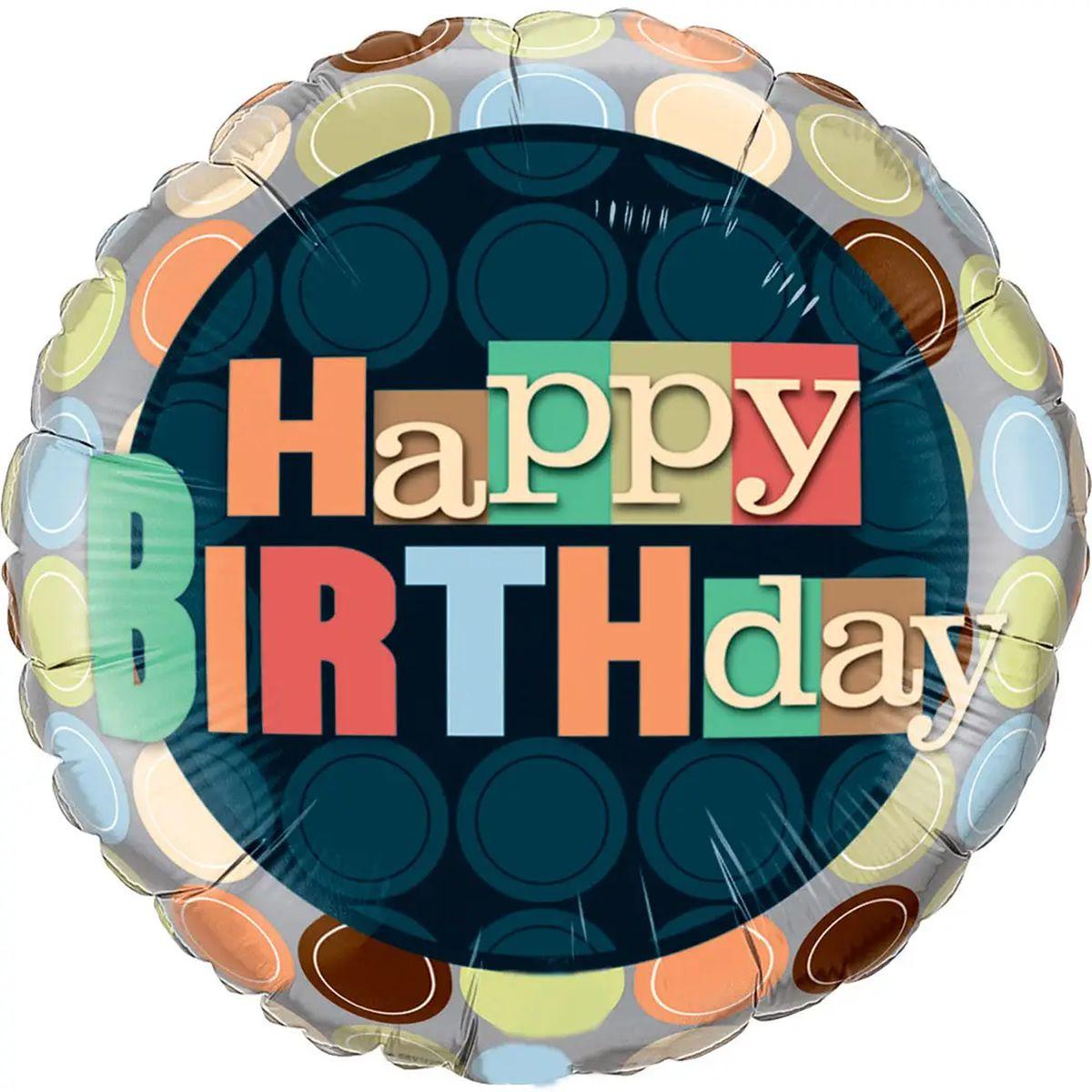 Фольгована кулька круг "Happy Birthday" кольорова 18"(45см) 1шт.