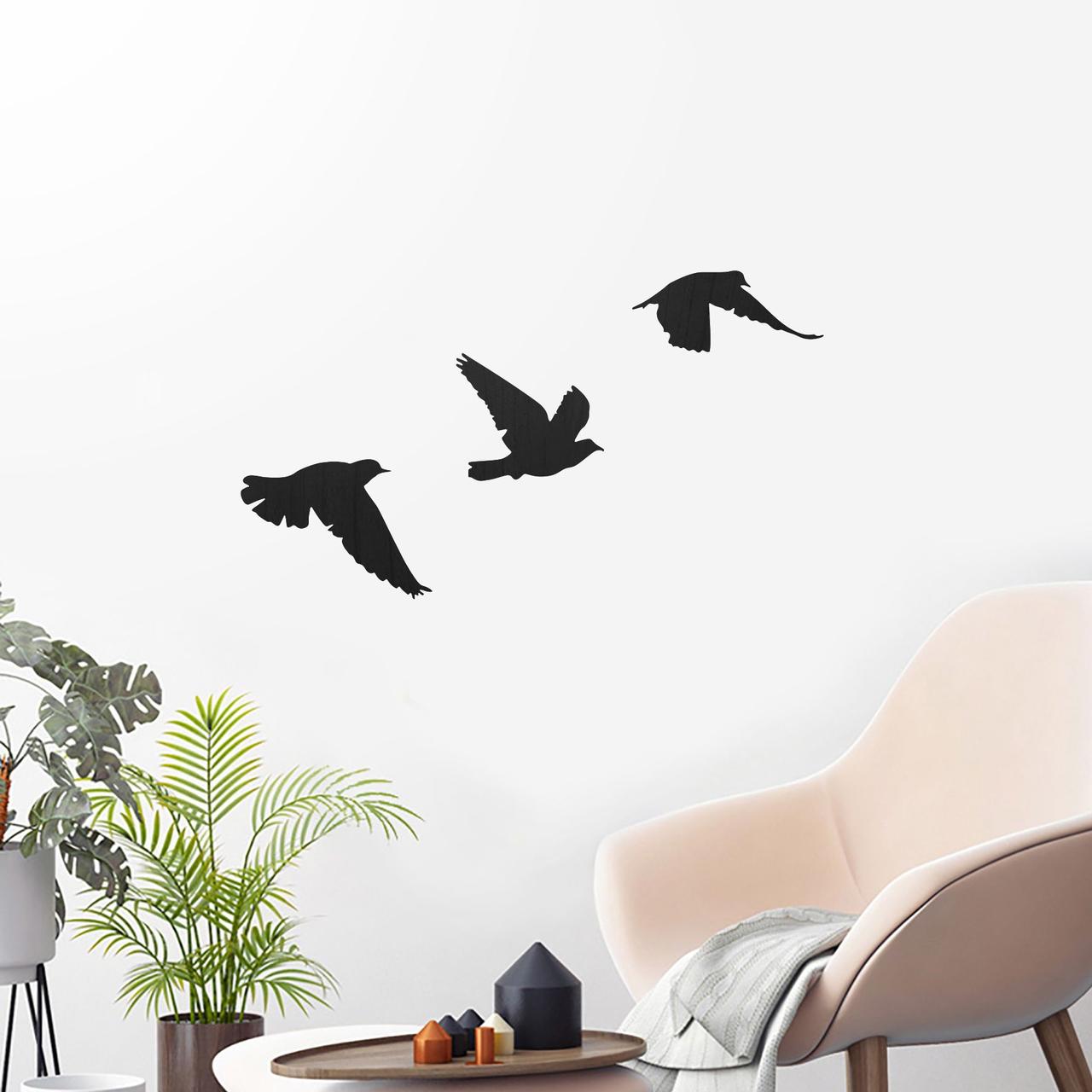 Птахи декор стіни Чорний декор Три птахи на стіні Настінний декор Дерев'яне Панно Птахи Чорний колір 80/45 см, фото 1
