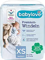 Подгузники премиум - класса для новорожденный Babylove Windeln Premium Newborn XS, до 3 кг, 24 шт