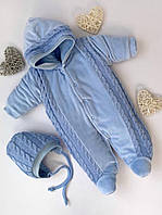 Детский утепленный комбинезон с шапкой для новорожденных с вязаными вставками Змейка 56 см Lari Голубой