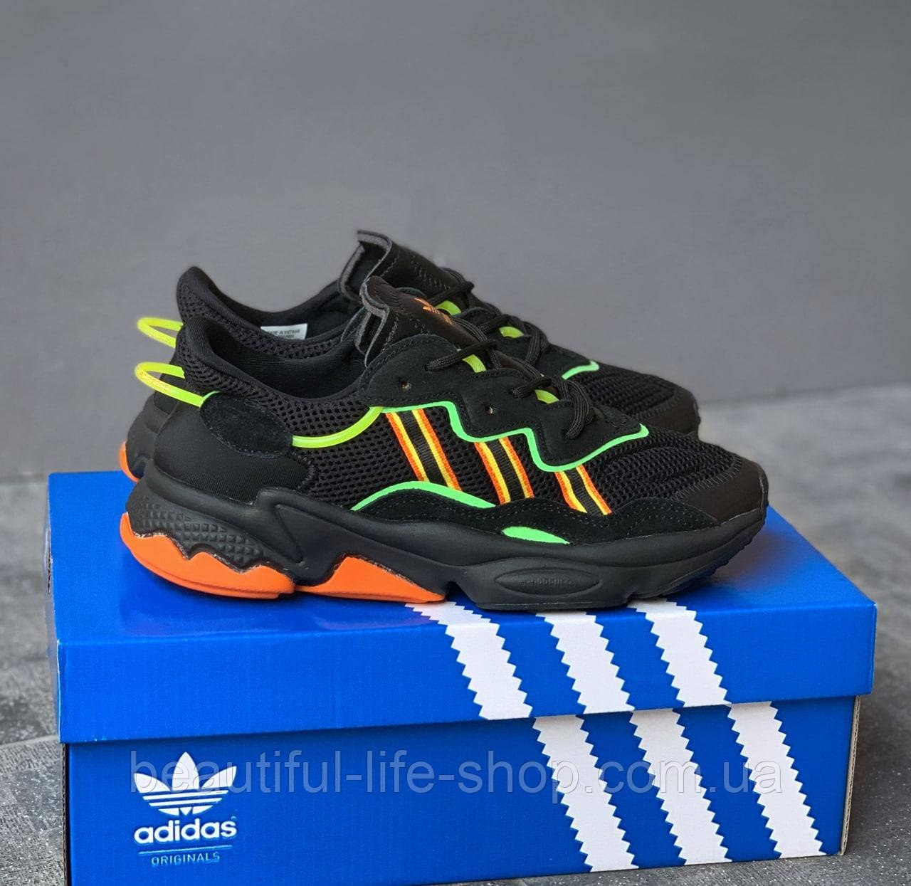 Кроссовки легкие замша сетка Adidas Ozweego Black Orange Green/Адидас Озвего черный - фото 4 - id-p1617905355