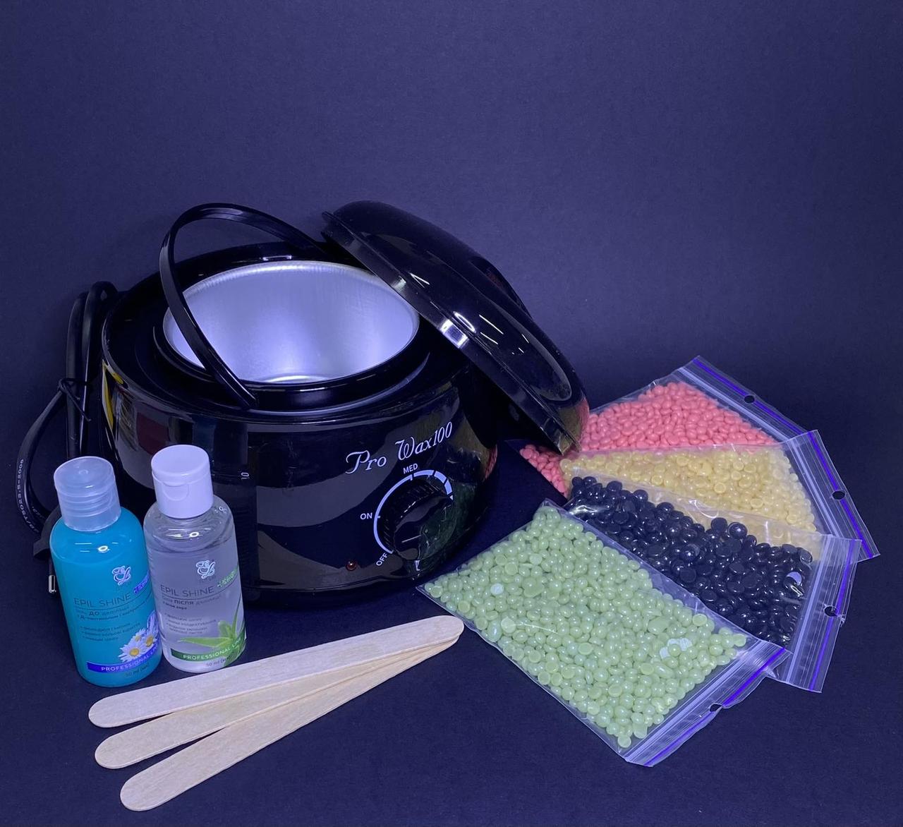 Набір для воскової депіляції 4 воски + рідини для депіляції + воскоплав SM-100 чорний