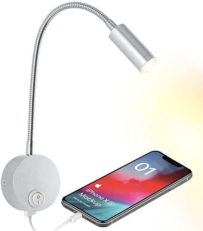 WisHomee Настінна лампа для читання з USB-портом для заряджання LED настінний світильник бра