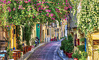 Флизелиновые фото обои на стену город 416x254 см 3Д Архитектура Аллея Греческая улица с цветами Клей в подарок